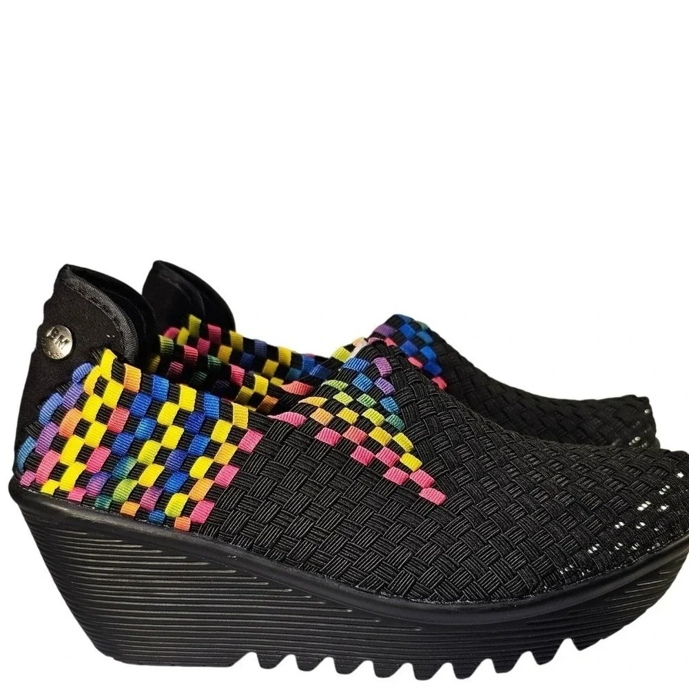 Bernie Mev Gem Black Multi Rainbow Woven‎ Elastic Wedge Sneakers Size 40 New NWB